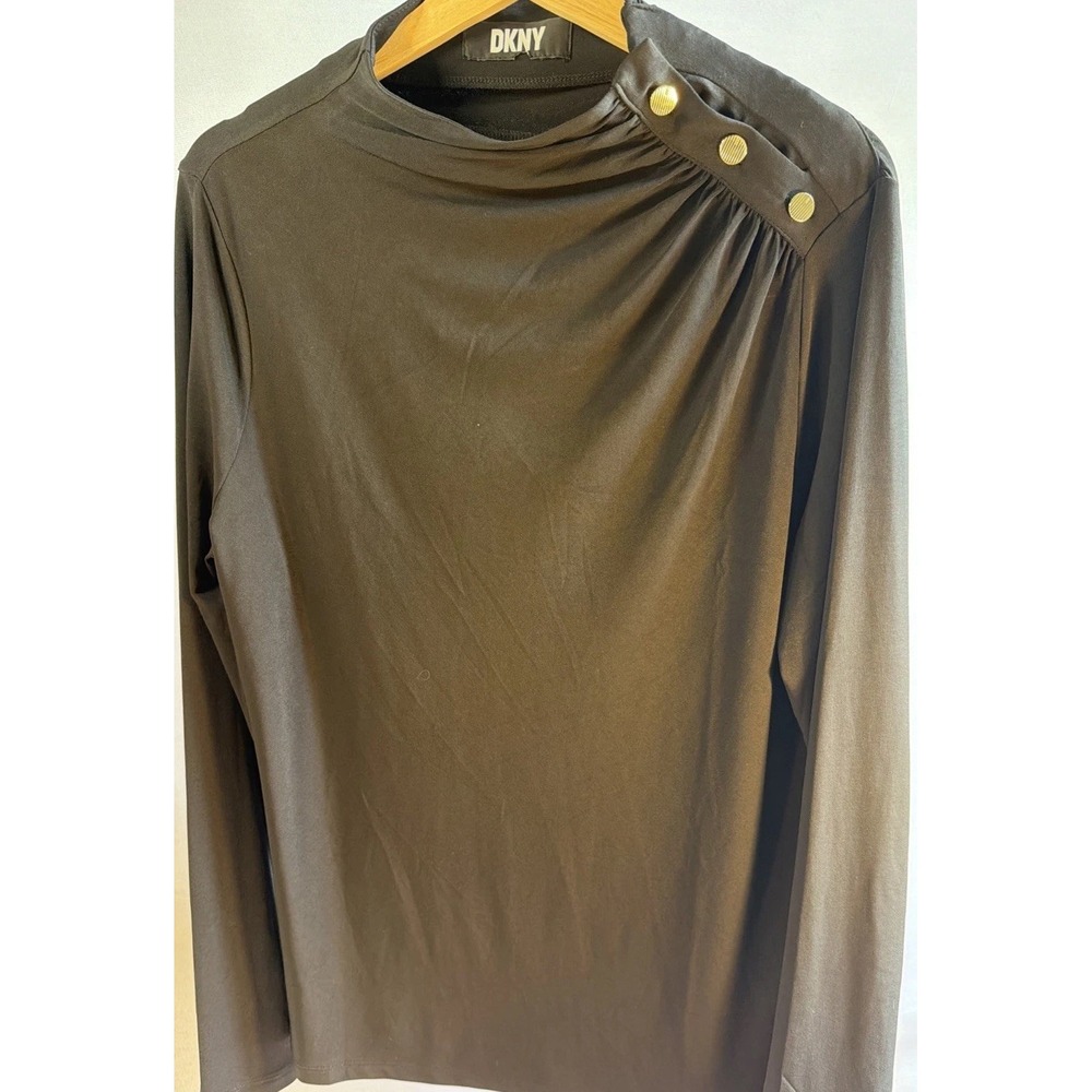 DKNY Jeans Women Mock Neck Long Sleeve Top Gold Button Shoulder Black Large